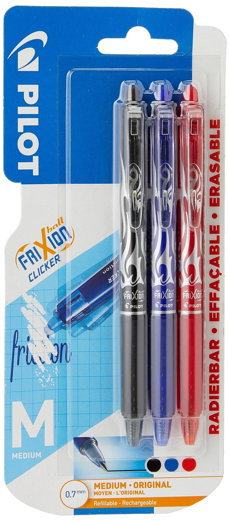 بايلوت كرة دوارة قابلة للسحب وقابلة للمسح من بايلوت فريكسيون كليكر، برأس 0.7 مم - أسود/أزرق/أحمر، عبوة من 3 قطع - Image 1